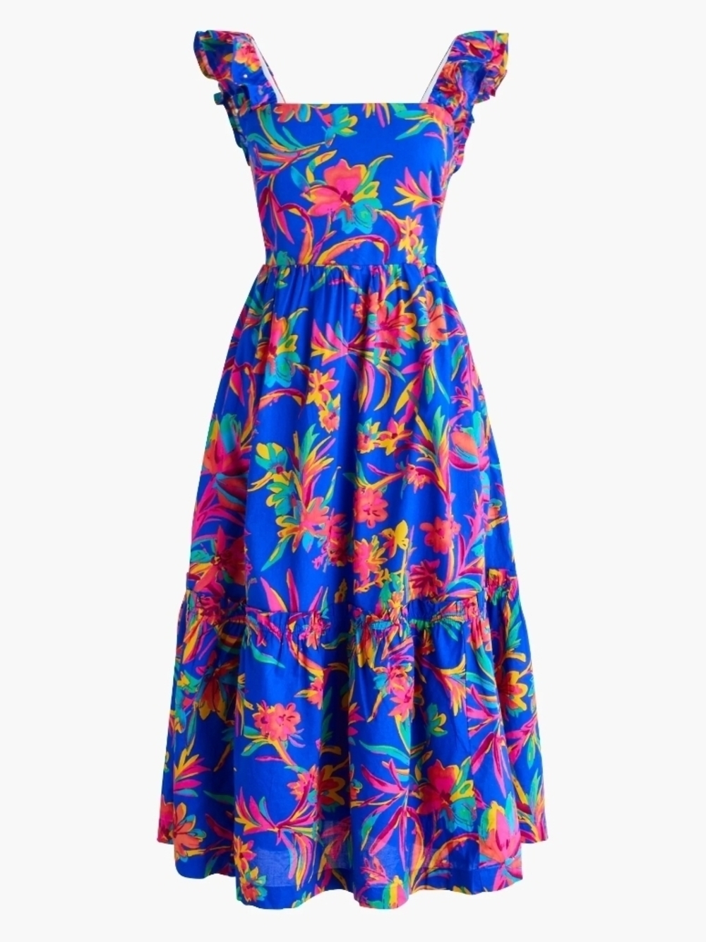 NWT JCrew Bright Blue Floral Midi Sun Dress with Ruffle Straps Size 2